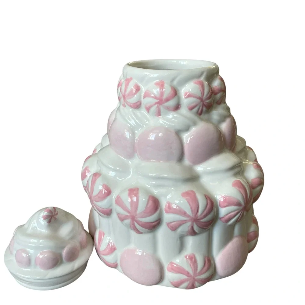 Pink Peppermint Candy Cookie Jar Holiday Canister by Peppermint & Pine NEW